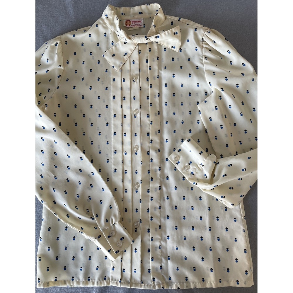 Vintage 80s Blouse‎ Womens Button Up Long Sleeve Top Cream Blue Pattern Sz 10